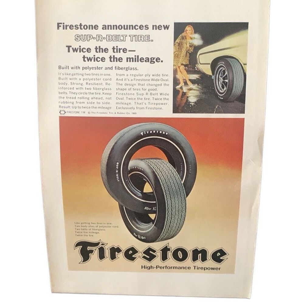 Vintage 1969 Firestone Sup R Belt Tire Ad Advertisement
